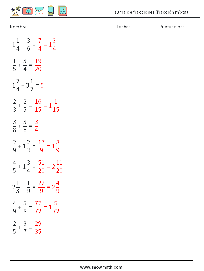 (10) suma de fracciones (fracción mixta) Hojas de trabajo de matemáticas 6 Pregunta, respuesta