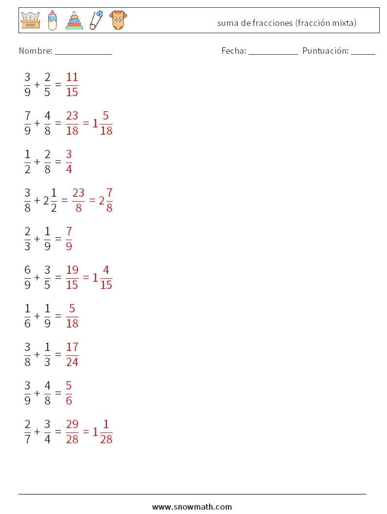 (10) suma de fracciones (fracción mixta) Hojas de trabajo de matemáticas 7 Pregunta, respuesta