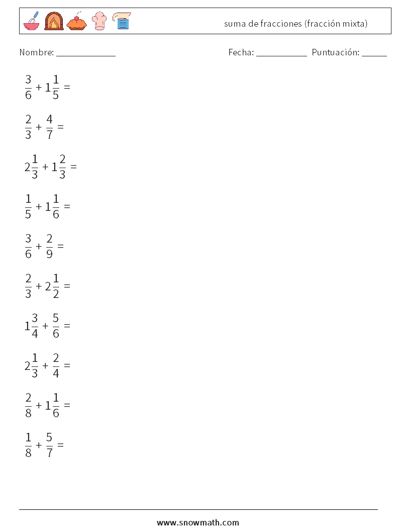 (10) suma de fracciones (fracción mixta) Hojas de trabajo de matemáticas 8
