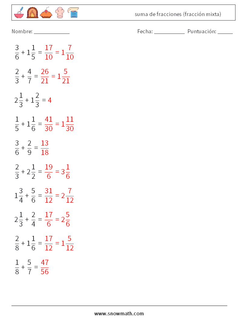 (10) suma de fracciones (fracción mixta) Hojas de trabajo de matemáticas 8 Pregunta, respuesta