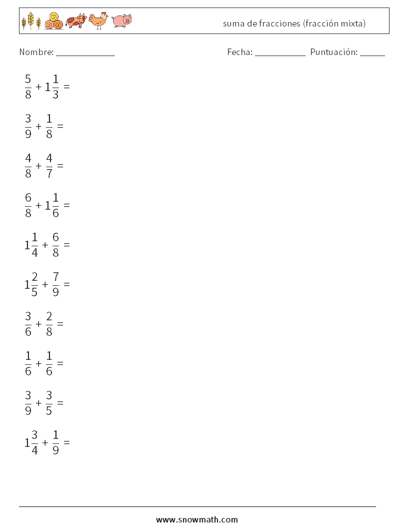 (10) suma de fracciones (fracción mixta) Hojas de trabajo de matemáticas 9