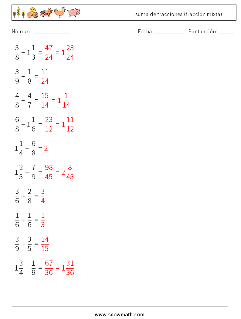 (10) suma de fracciones (fracción mixta) Hojas de trabajo de matemáticas 9 Pregunta, respuesta