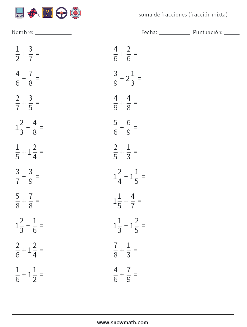 (20) suma de fracciones (fracción mixta) Hojas de trabajo de matemáticas 1