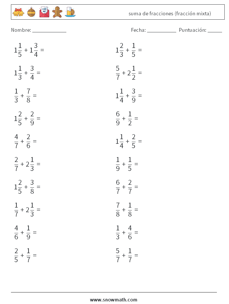 (20) suma de fracciones (fracción mixta) Hojas de trabajo de matemáticas 10