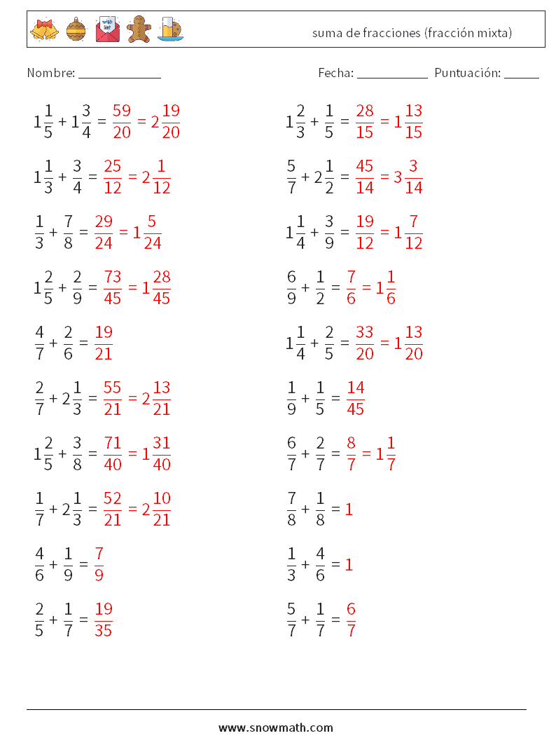 (20) suma de fracciones (fracción mixta) Hojas de trabajo de matemáticas 10 Pregunta, respuesta