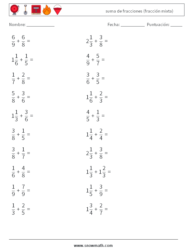 (20) suma de fracciones (fracción mixta) Hojas de trabajo de matemáticas 11