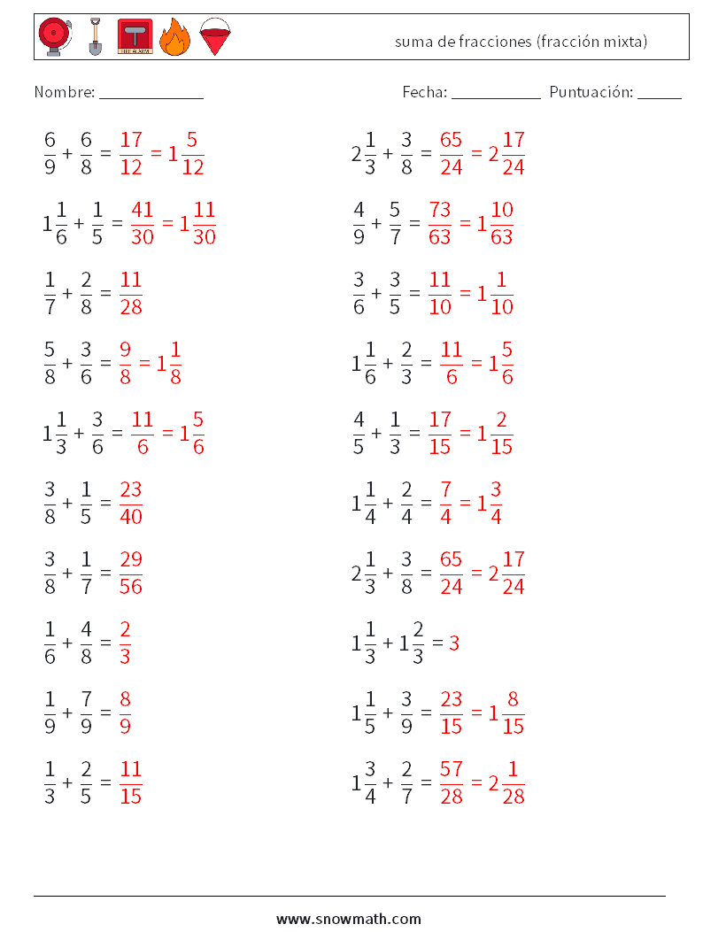 (20) suma de fracciones (fracción mixta) Hojas de trabajo de matemáticas 11 Pregunta, respuesta