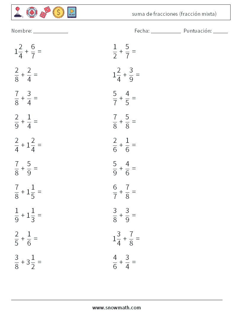 (20) suma de fracciones (fracción mixta) Hojas de trabajo de matemáticas 12