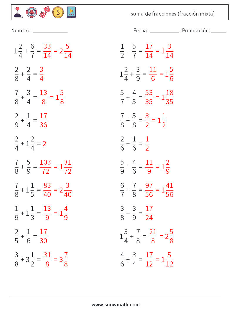 (20) suma de fracciones (fracción mixta) Hojas de trabajo de matemáticas 12 Pregunta, respuesta