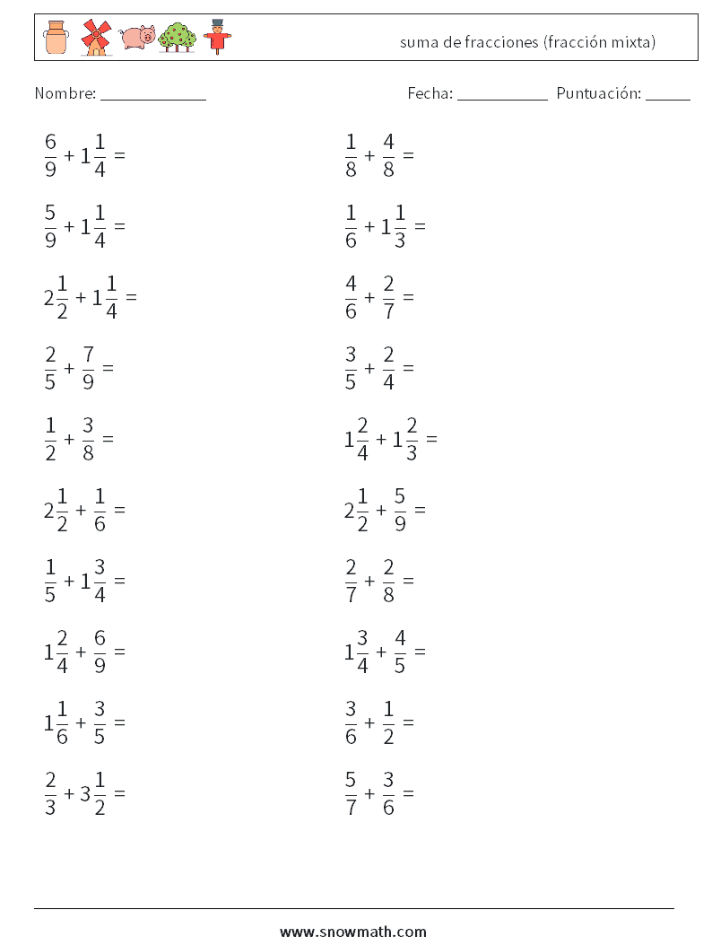 (20) suma de fracciones (fracción mixta) Hojas de trabajo de matemáticas 13