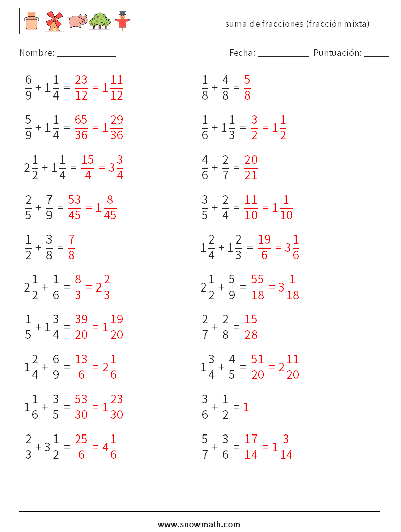 (20) suma de fracciones (fracción mixta) Hojas de trabajo de matemáticas 13 Pregunta, respuesta