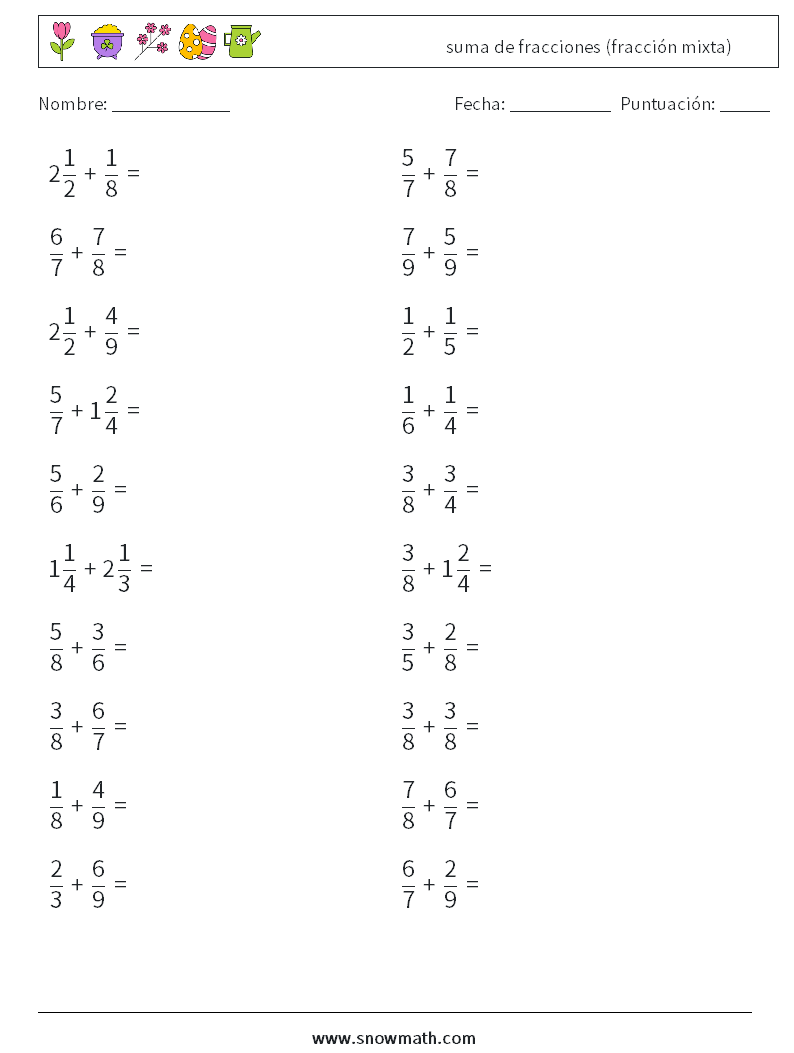 (20) suma de fracciones (fracción mixta) Hojas de trabajo de matemáticas 14