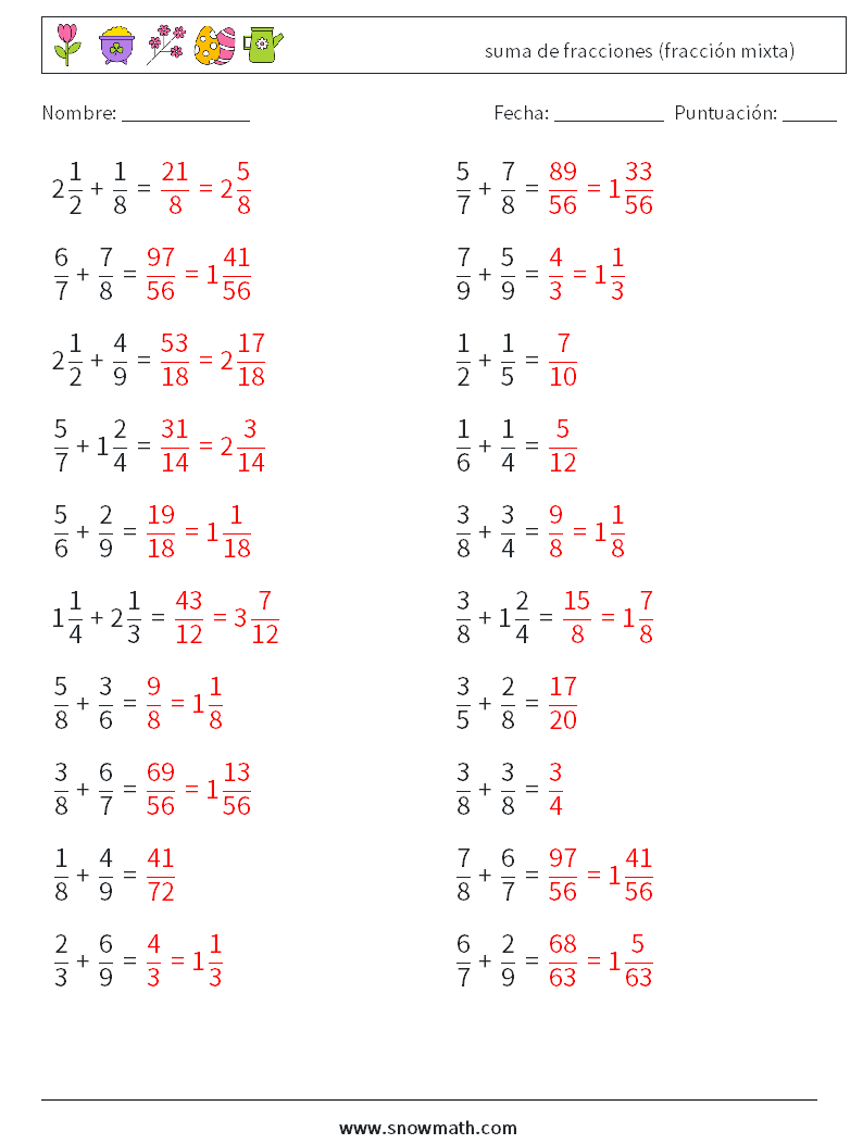 (20) suma de fracciones (fracción mixta) Hojas de trabajo de matemáticas 14 Pregunta, respuesta