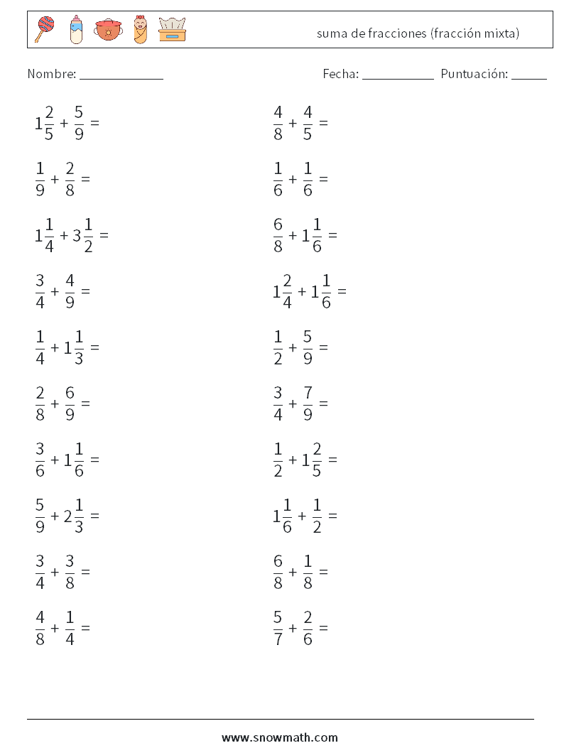 (20) suma de fracciones (fracción mixta) Hojas de trabajo de matemáticas 15