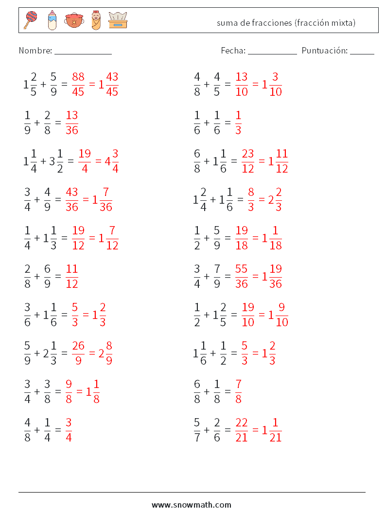 (20) suma de fracciones (fracción mixta) Hojas de trabajo de matemáticas 15 Pregunta, respuesta