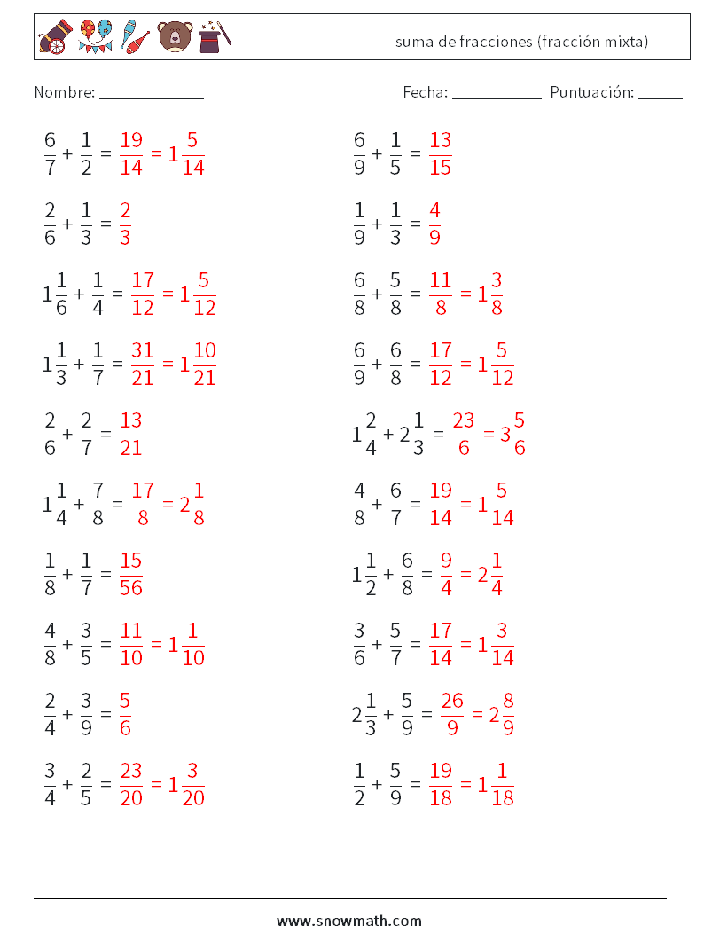 (20) suma de fracciones (fracción mixta) Hojas de trabajo de matemáticas 16 Pregunta, respuesta