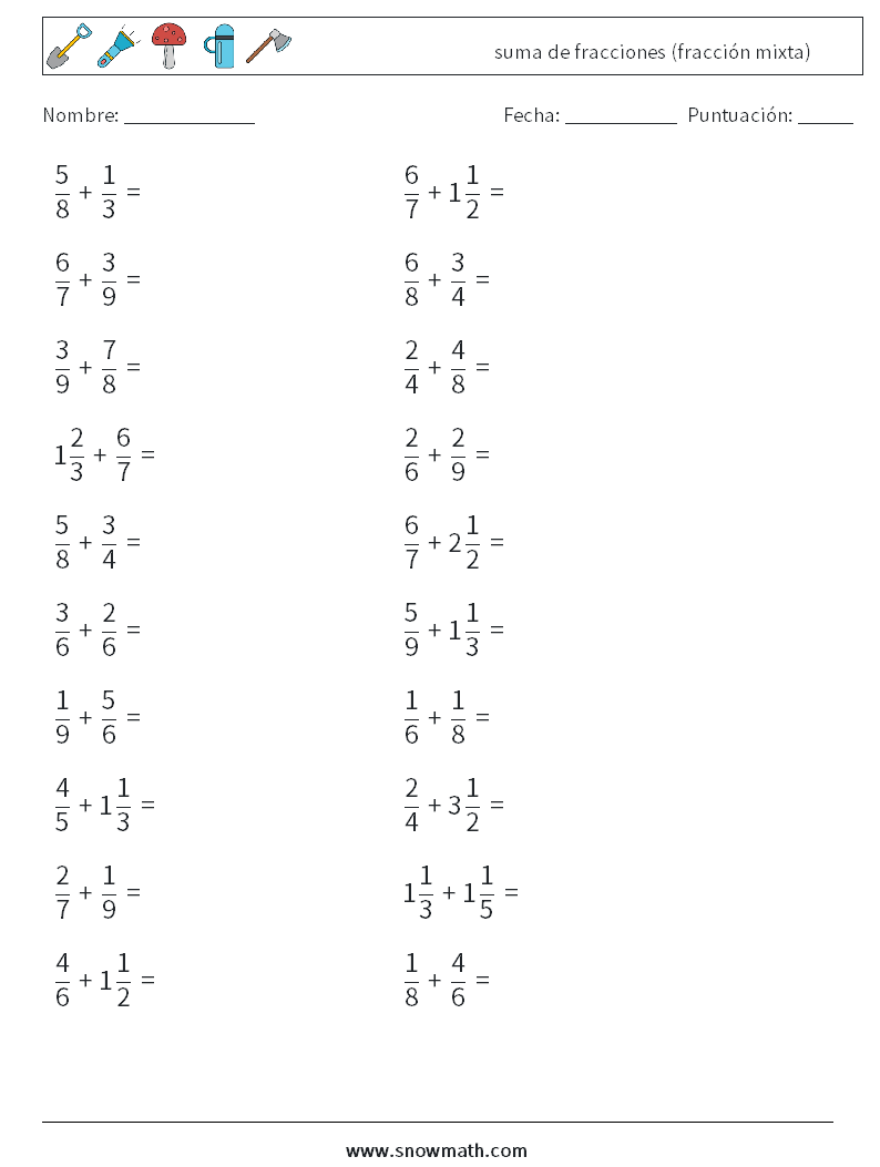 (20) suma de fracciones (fracción mixta) Hojas de trabajo de matemáticas 17