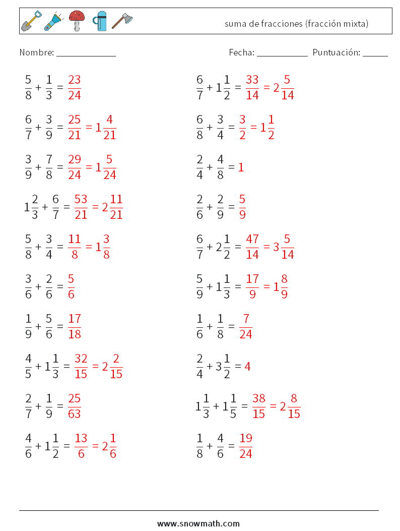 (20) suma de fracciones (fracción mixta) Hojas de trabajo de matemáticas 17 Pregunta, respuesta