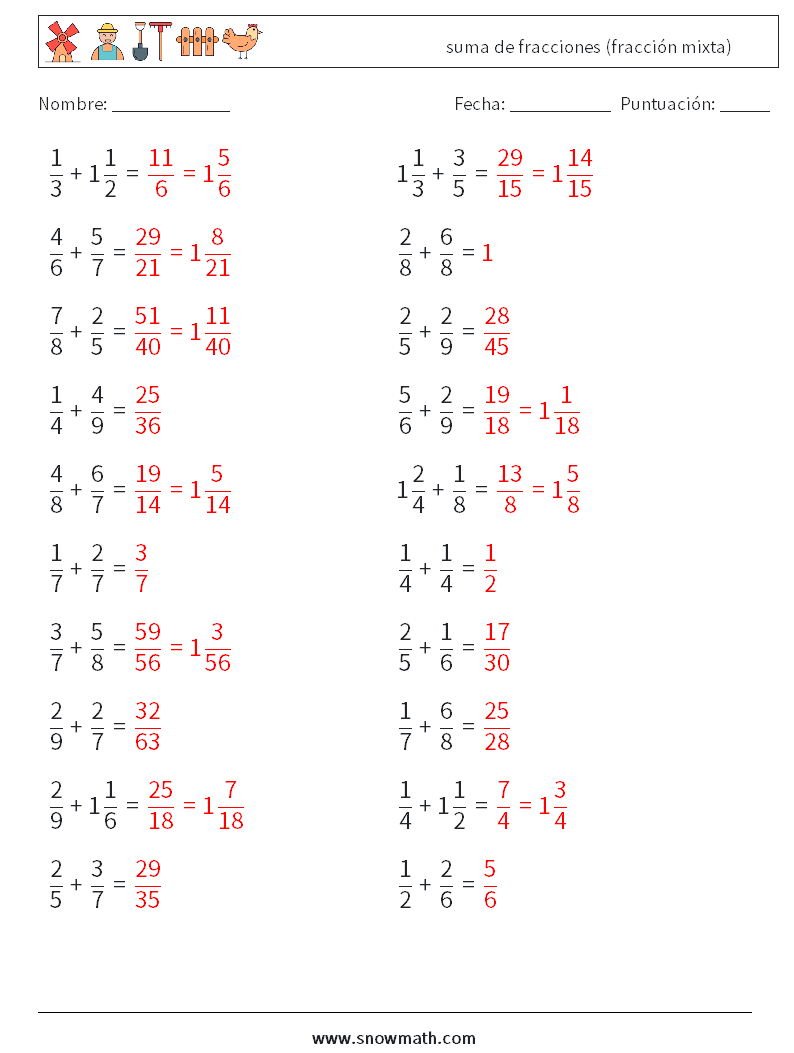 (20) suma de fracciones (fracción mixta) Hojas de trabajo de matemáticas 18 Pregunta, respuesta