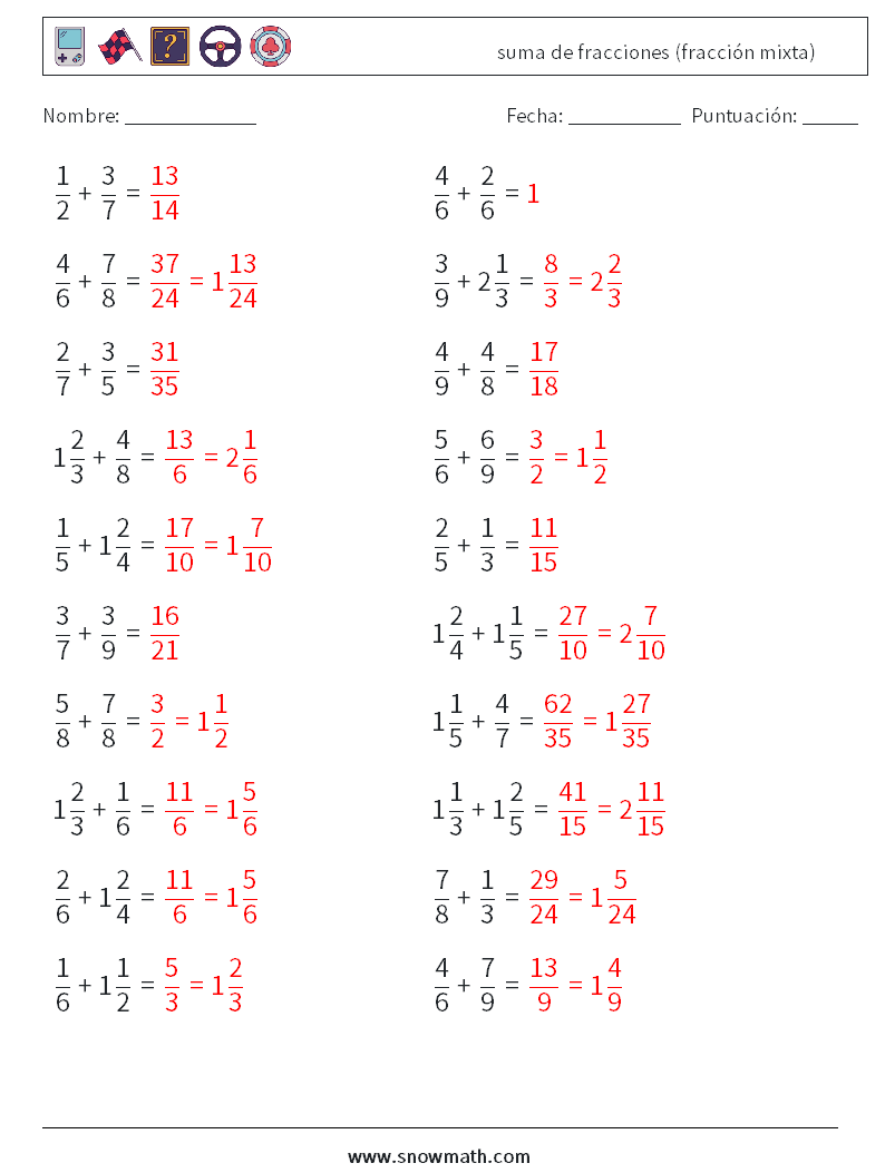 (20) suma de fracciones (fracción mixta) Hojas de trabajo de matemáticas 1 Pregunta, respuesta