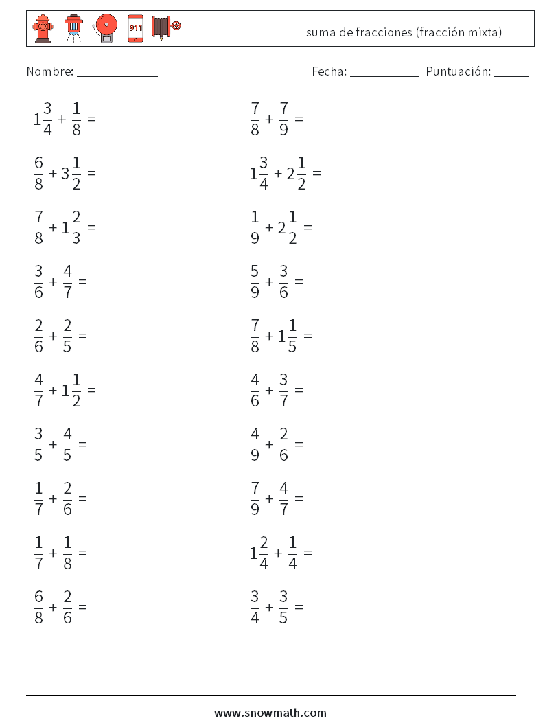 (20) suma de fracciones (fracción mixta) Hojas de trabajo de matemáticas 2