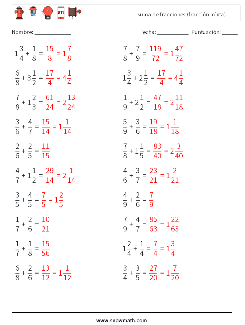 (20) suma de fracciones (fracción mixta) Hojas de trabajo de matemáticas 2 Pregunta, respuesta
