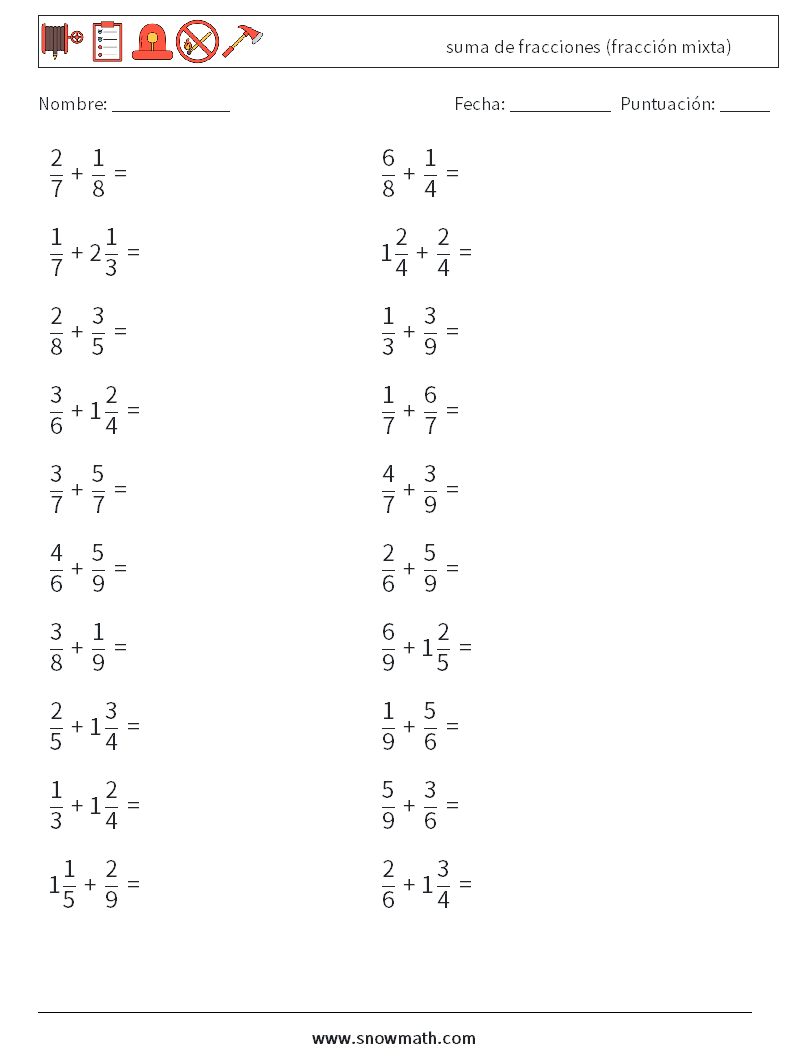 (20) suma de fracciones (fracción mixta) Hojas de trabajo de matemáticas 3