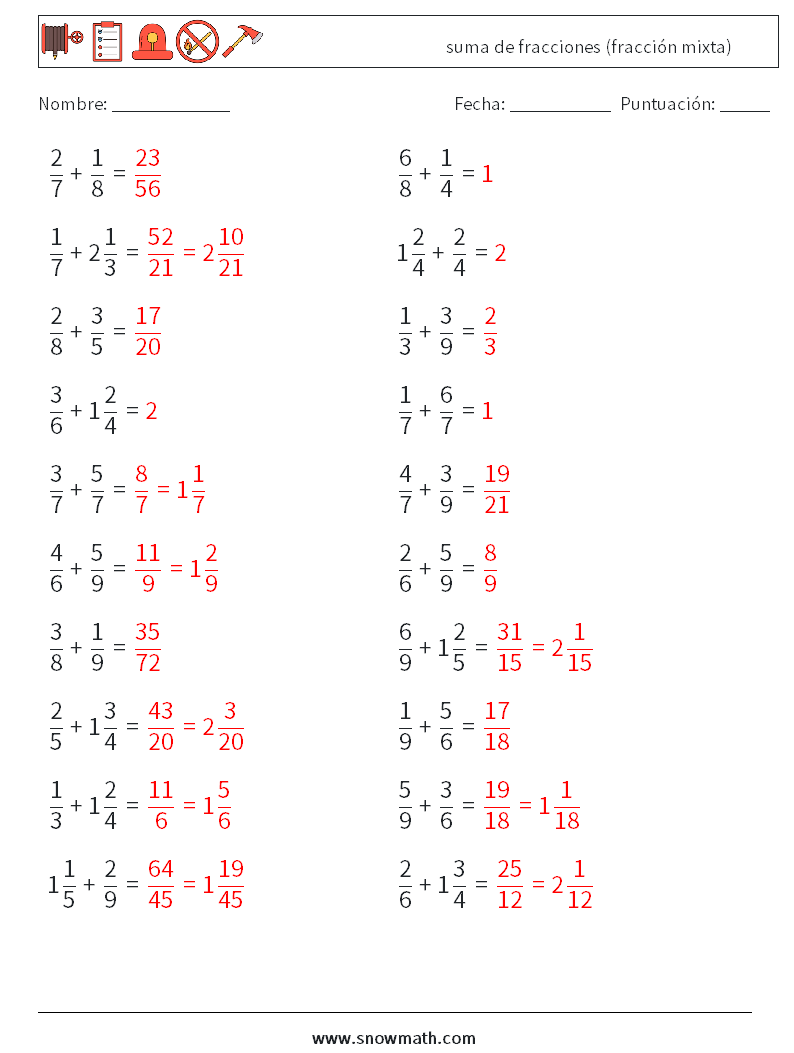 (20) suma de fracciones (fracción mixta) Hojas de trabajo de matemáticas 3 Pregunta, respuesta