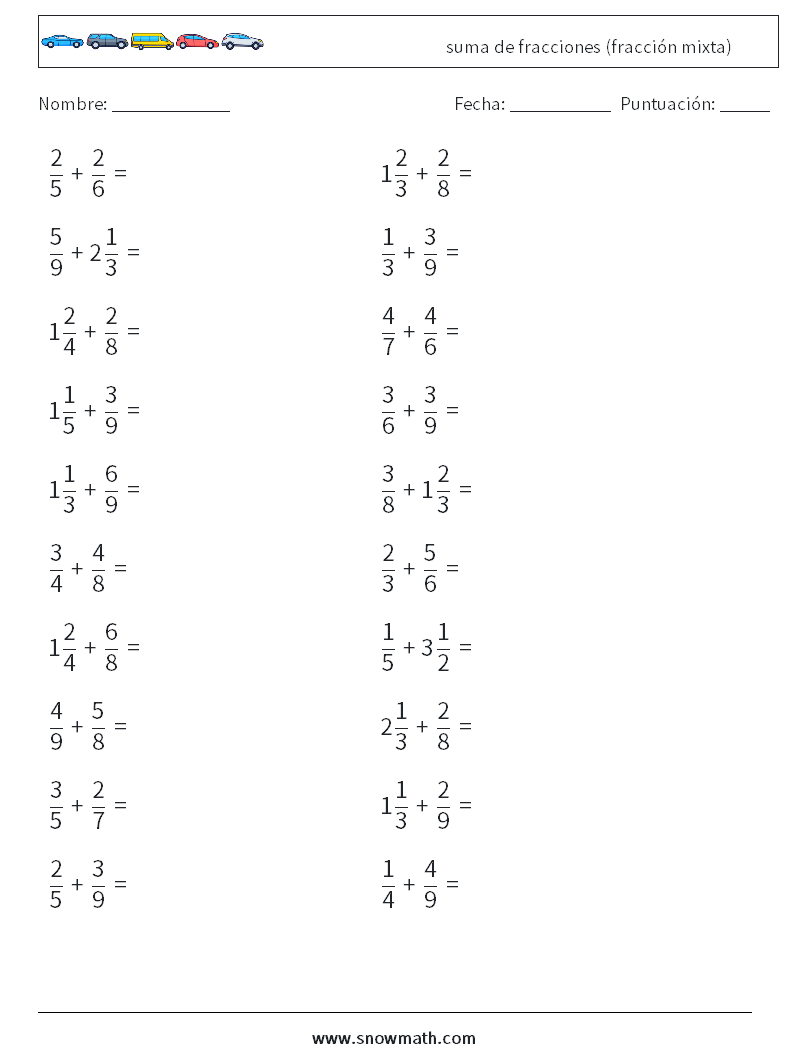 (20) suma de fracciones (fracción mixta) Hojas de trabajo de matemáticas 4