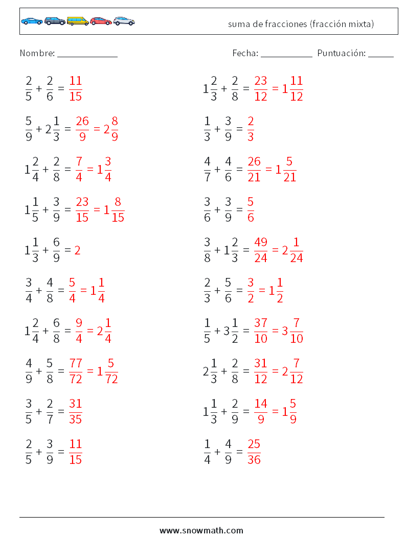 (20) suma de fracciones (fracción mixta) Hojas de trabajo de matemáticas 4 Pregunta, respuesta