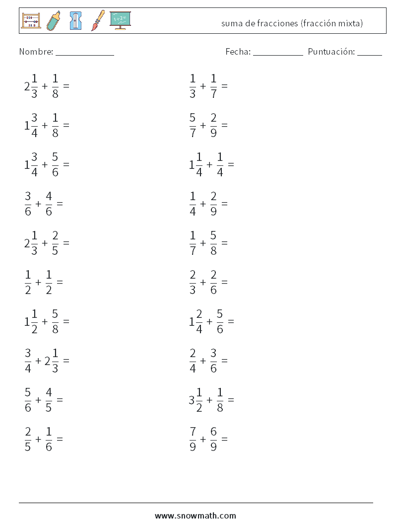 (20) suma de fracciones (fracción mixta) Hojas de trabajo de matemáticas 5