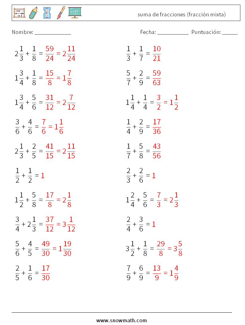 (20) suma de fracciones (fracción mixta) Hojas de trabajo de matemáticas 5 Pregunta, respuesta