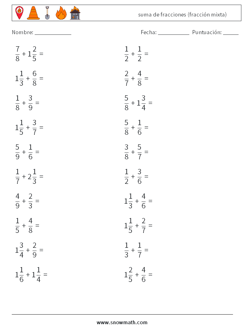(20) suma de fracciones (fracción mixta) Hojas de trabajo de matemáticas 6