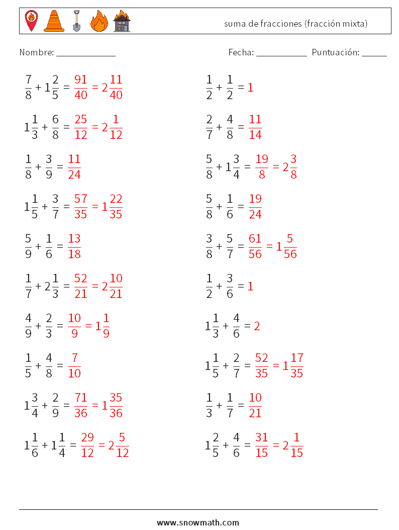 (20) suma de fracciones (fracción mixta) Hojas de trabajo de matemáticas 6 Pregunta, respuesta
