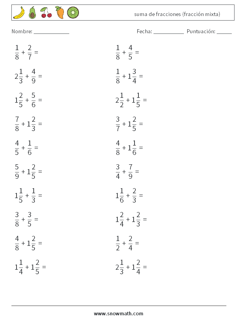 (20) suma de fracciones (fracción mixta) Hojas de trabajo de matemáticas 7