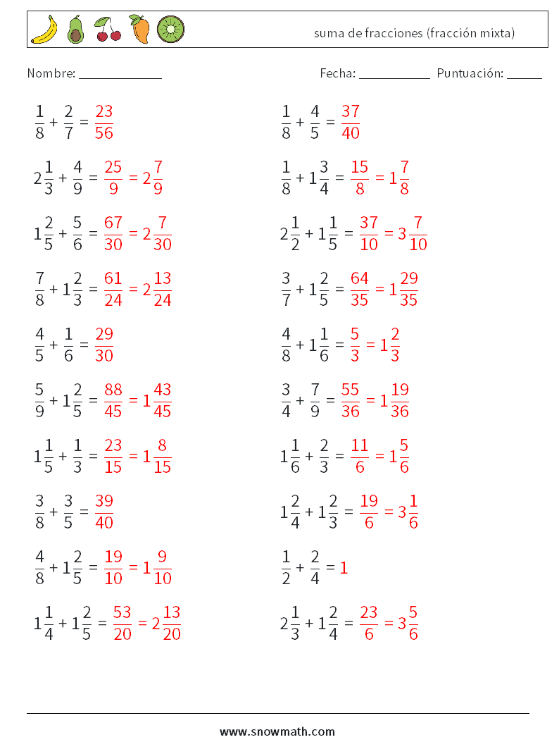 (20) suma de fracciones (fracción mixta) Hojas de trabajo de matemáticas 7 Pregunta, respuesta