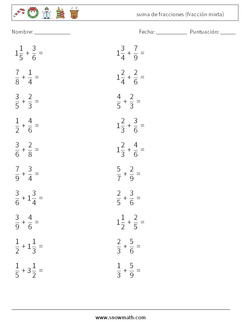 (20) suma de fracciones (fracción mixta) Hojas de trabajo de matemáticas 8