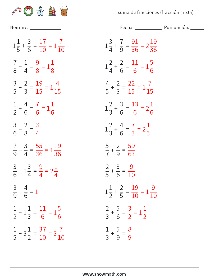 (20) suma de fracciones (fracción mixta) Hojas de trabajo de matemáticas 8 Pregunta, respuesta