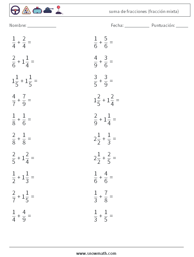 (20) suma de fracciones (fracción mixta) Hojas de trabajo de matemáticas 9