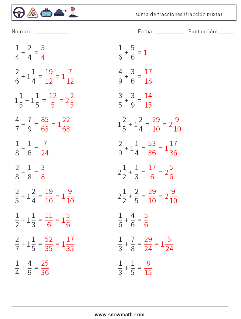 (20) suma de fracciones (fracción mixta) Hojas de trabajo de matemáticas 9 Pregunta, respuesta