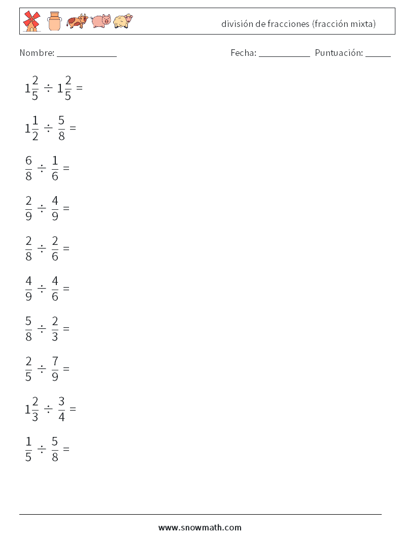 (10) división de fracciones (fracción mixta) Hojas de trabajo de matemáticas 10