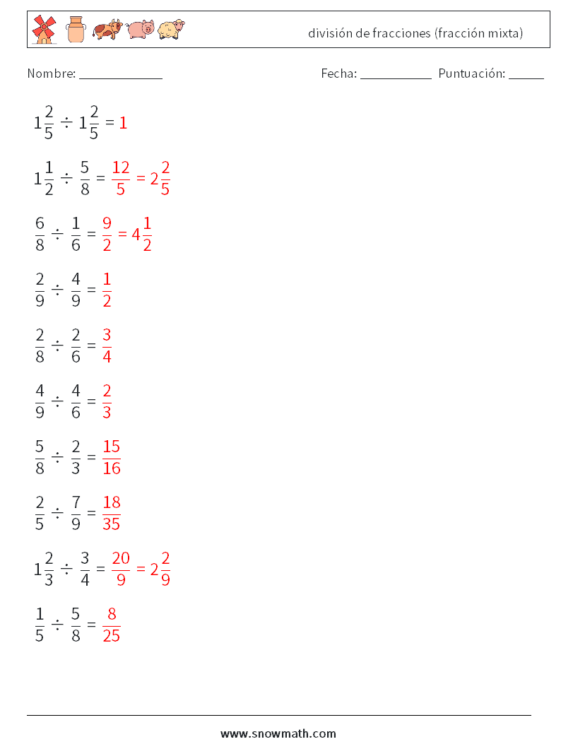 (10) división de fracciones (fracción mixta) Hojas de trabajo de matemáticas 10 Pregunta, respuesta