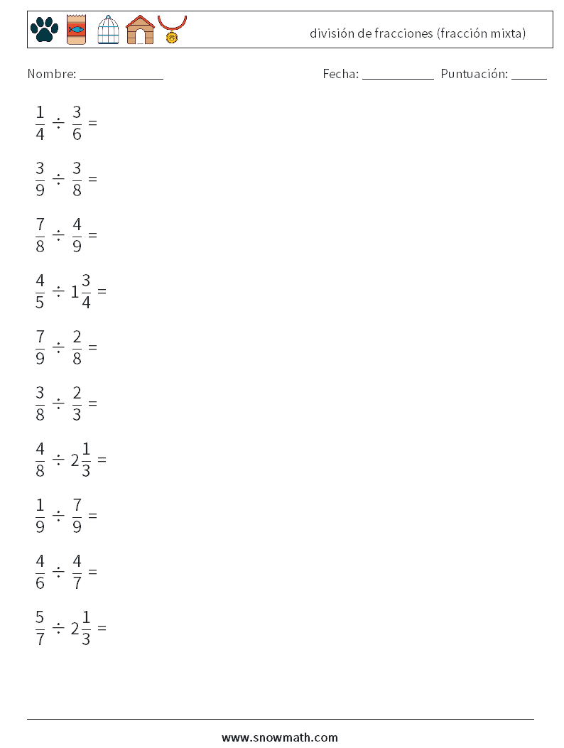 (10) división de fracciones (fracción mixta) Hojas de trabajo de matemáticas 11