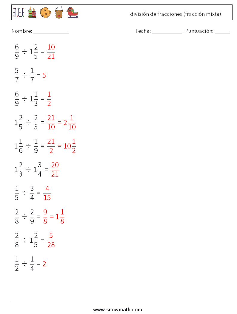 (10) división de fracciones (fracción mixta) Hojas de trabajo de matemáticas 14 Pregunta, respuesta