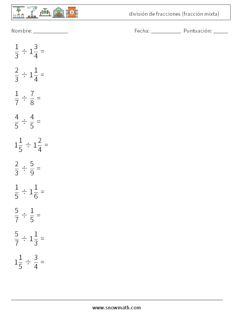 (10) división de fracciones (fracción mixta) Hojas de trabajo de matemáticas 16