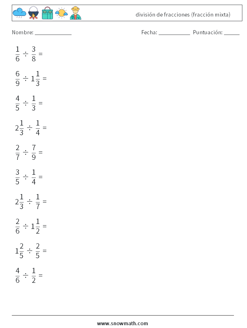 (10) división de fracciones (fracción mixta) Hojas de trabajo de matemáticas 17