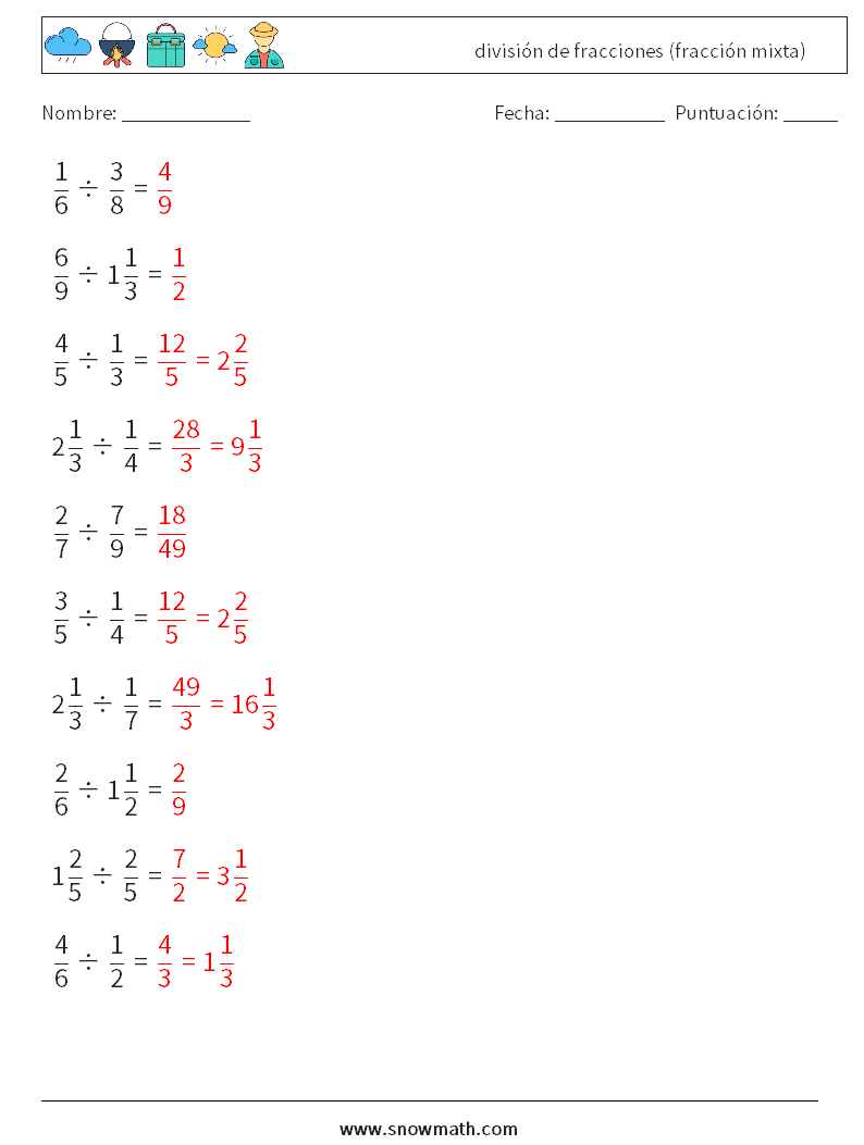 (10) división de fracciones (fracción mixta) Hojas de trabajo de matemáticas 17 Pregunta, respuesta