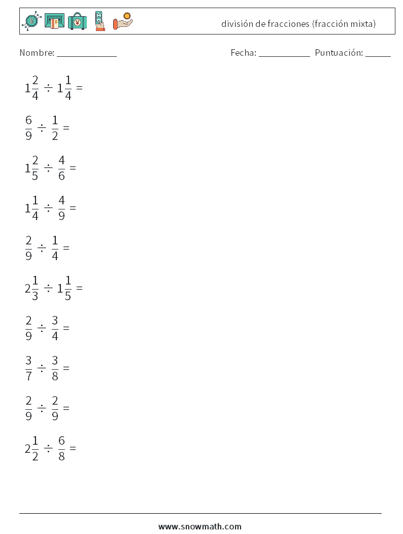 (10) división de fracciones (fracción mixta) Hojas de trabajo de matemáticas 18