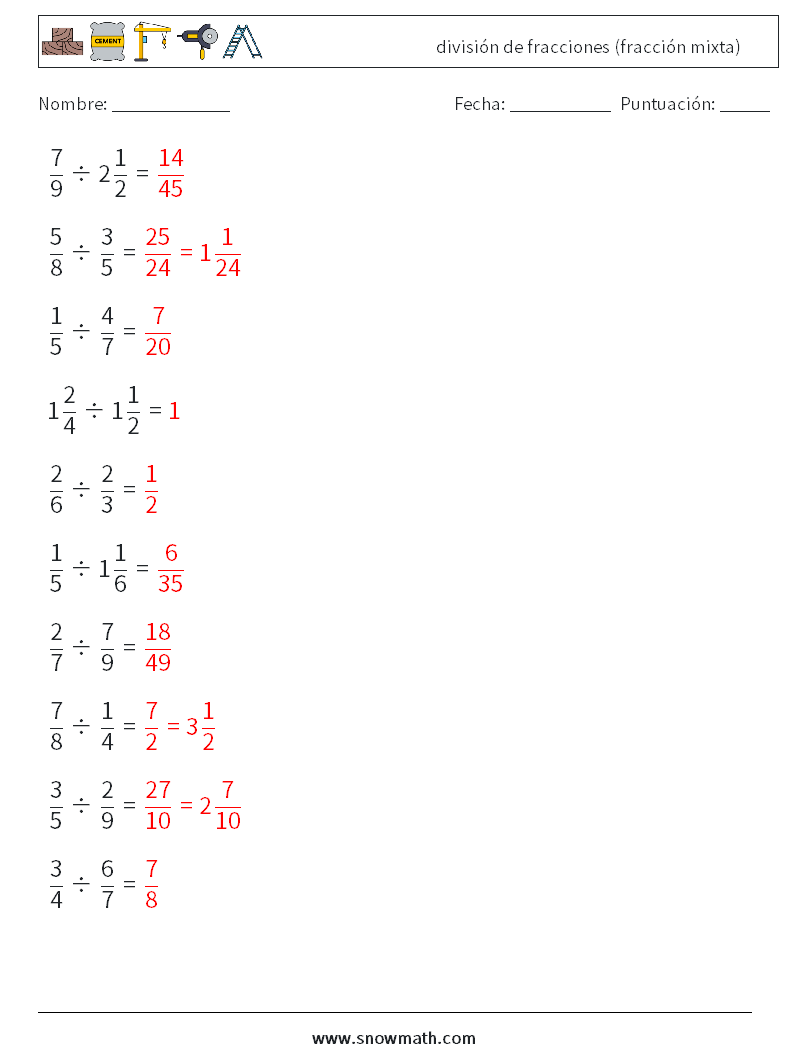 (10) división de fracciones (fracción mixta) Hojas de trabajo de matemáticas 1 Pregunta, respuesta