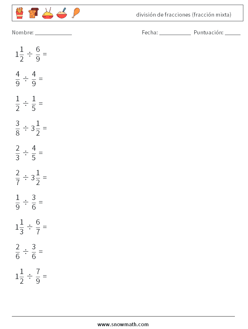 (10) división de fracciones (fracción mixta) Hojas de trabajo de matemáticas 2